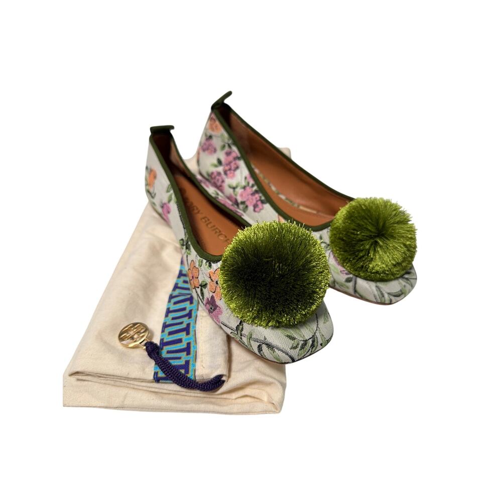 Tory Burch Floral Pom Pom Ballet Flats Size 6M NWOT Canvas Leather Slip On - Picture 10 of 10